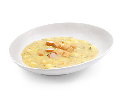 Potato soup with Vienna sausages and carrots.