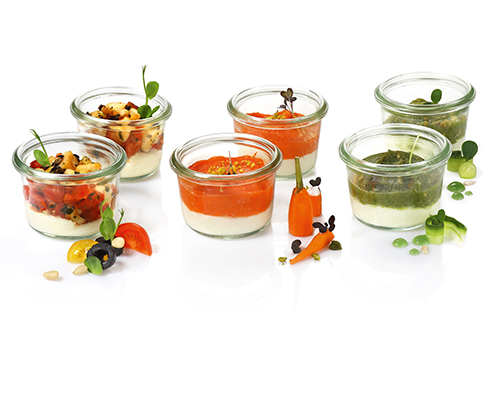 Frischkäse-Mix-Kiste Frischkäsecreme mit Bruschetta-Topping, mit Karottenmousse, mit Gurkenmousse, Negativ für kleines Weckglas.