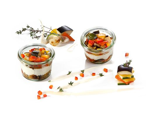 Grillgemüse mit Honig-Ziegenfrischkäse, Negativ für kleines Weckglas.