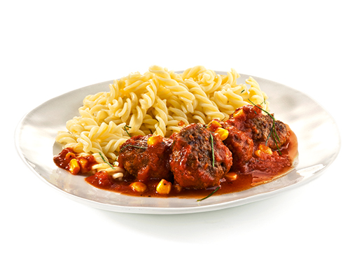 Minced beef meatballs in tomato sauce with sweetcorn and spirelli.