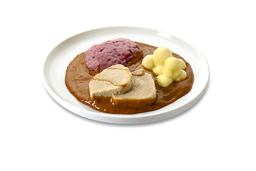 Rinderbraten in brauner Bratensauce mit Kartoffeln und Rotkohl, püriert angereichert mit Quark und Sahne.
