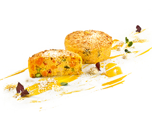 Gemüse-Mais-Frittata mit Süßkartoffeln, Paprika und Kokos, ø ca. 10 cm.