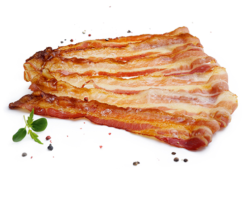 Crispy bacon fried in waves, sliced.