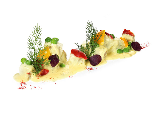 Pollock ragout in mustard-vegetable sauce Pollock cubes in a light mustard sauce, with peas and two kinds of peppers, lightly seasoned.