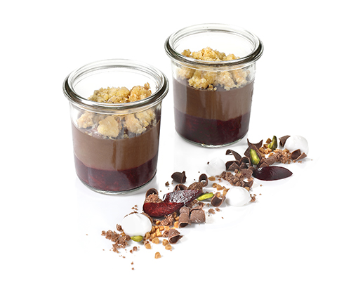 Sweet Chocolate feat. Cherry vegan chocolate mousse on cherry jelly, with thyme, negative for tall preserving jar.