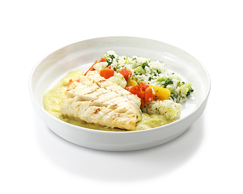 Pollock in dill-mustard sauce with colourful carrot vegetables and broccoli long grain rice.
